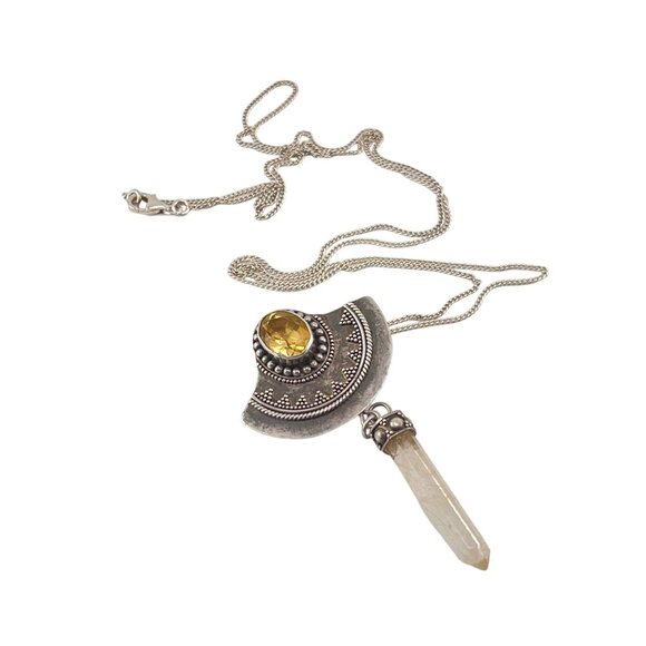 Sterling Silver Citrine Quartz Crystal Pendant Necklace With Crescent Moon Desig - Picture 3 of 7